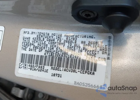 2003 Toyota Camry Xle z USA, uszkodzony, nr VIN 4T1BE32K03U161421